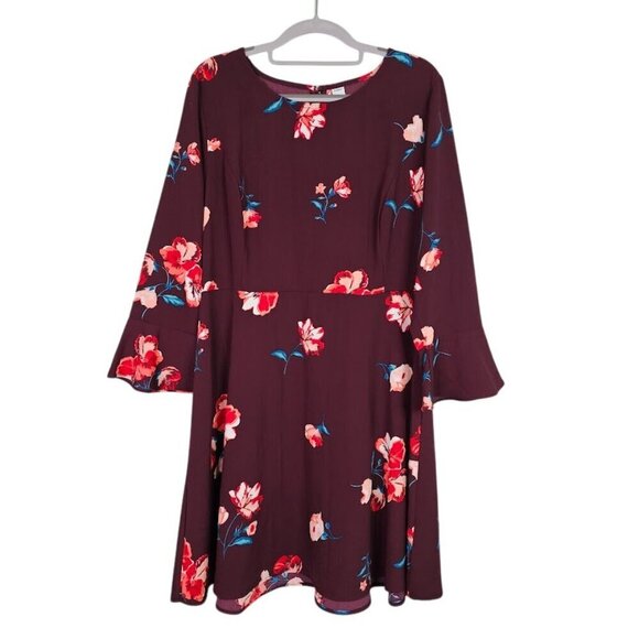 OLD NAVY Fit & Flare Dress Long Flute Sleeves BURGUNDY RED Floral size L Cute! - Picture 2 of 11